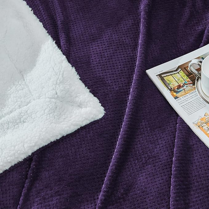 SOCHOW Waffle Sherpa Fleece Throw Blanket, Super Soft Fuzzy Warm, Lightweight Fluffy Reversible Plush Blanket for Bed Sofa Couch, 60 x 80 Inches Dark Purple