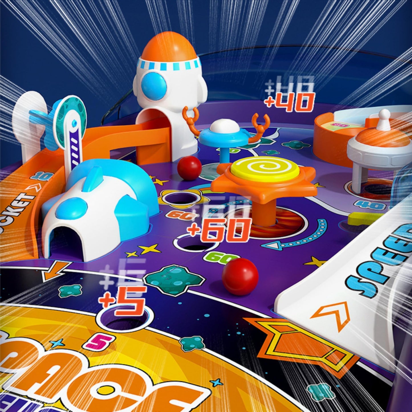 OLEOCA Tabletop Pinball Machine - Space Mini Arcade Game with Sound & Light, Pull-Back Launcher, Flippers, Carry Handle, Suction Cup Feet, Games for Kids Ages 3+