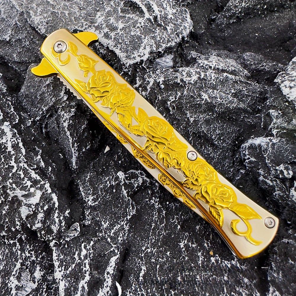 SAIYM Rose Relief Pocket Knife, Elegant EDC Folding Tactical Knife Blade 3.8in for Outdoor Survival Camping Hiking Gift for Adults Men Women, Golden