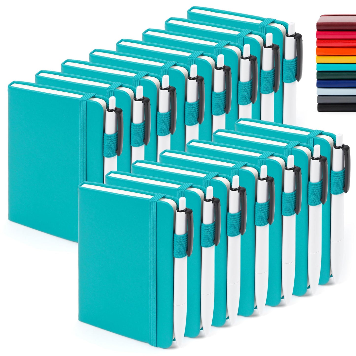feela 15 Pack Pocket Small Notebooks Bulk, Mini Cute Notepads Hardcover College Ruled Lined Journals with Pen Holder for School Business Memos, with 15 Black Pens, 3.5”x 5.5”, A6, Emerald