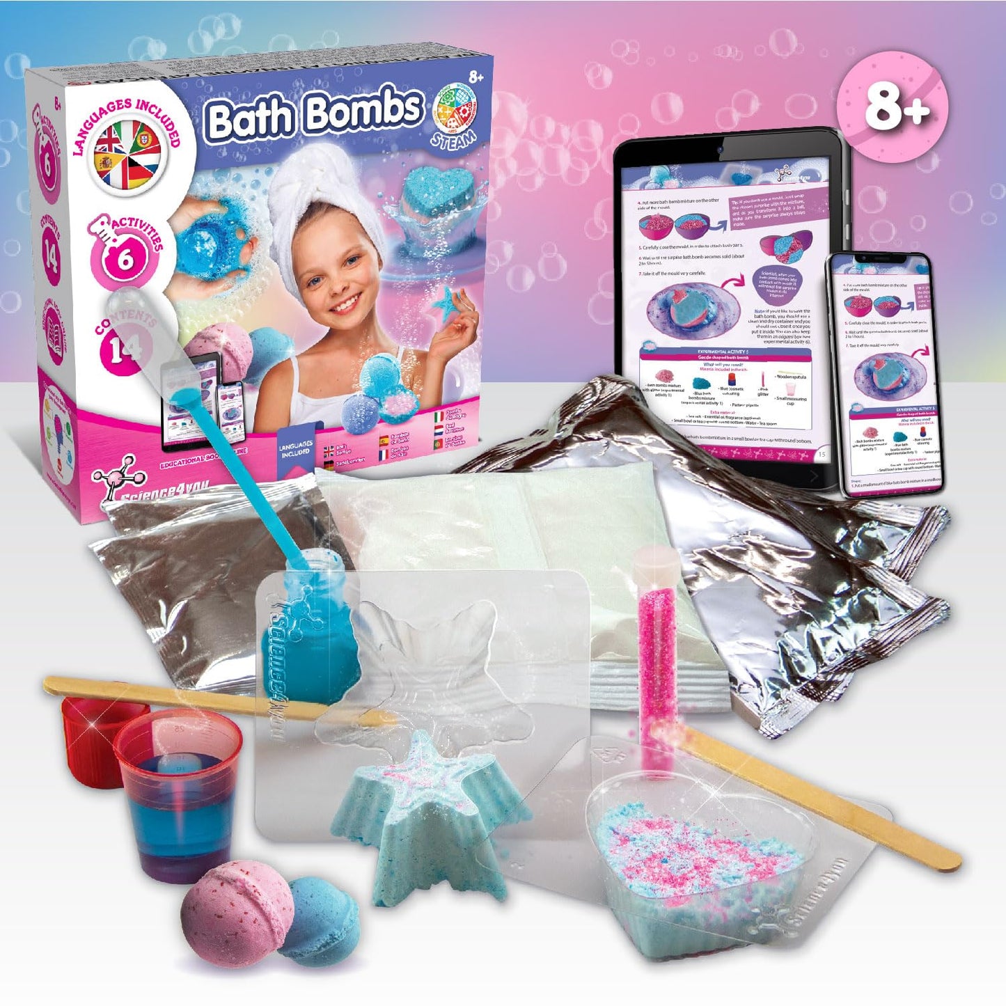 Science4you - Bath Bomb Making Kit for Kids +8 Years Old - Make Your Own Bath Bombs with 6 Science Experiments for Childrens - Educational Science Kits for Kids Age 8, Gift Set for Girls