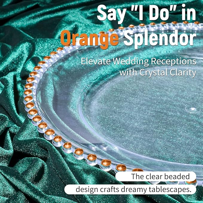 24 Pack Clear Charger Plates Bulk Wedding, 13 Inch Plastic Round Dinner Chargers with Orange Beaded Rim, Acrylic Round Decorative Plates for Wedding Party Home and Tabletop Decor (Orange)