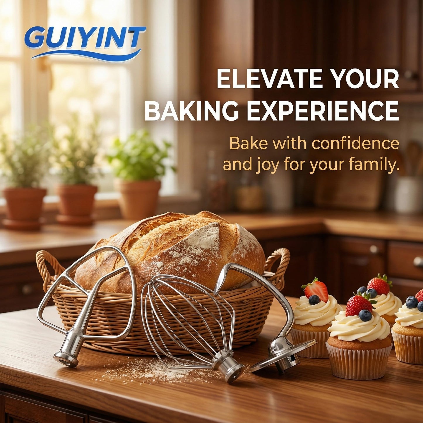Guiyint Stainless Steel 3 Piece Mixer Attachments Kit – Replacement for KitchenAid Tilt-Head & Bowl-Lift Stand Mixers (4.5, 5, 6 Quart) – Includes Dough Hook, Flat Beater, 6-Wire Whisk