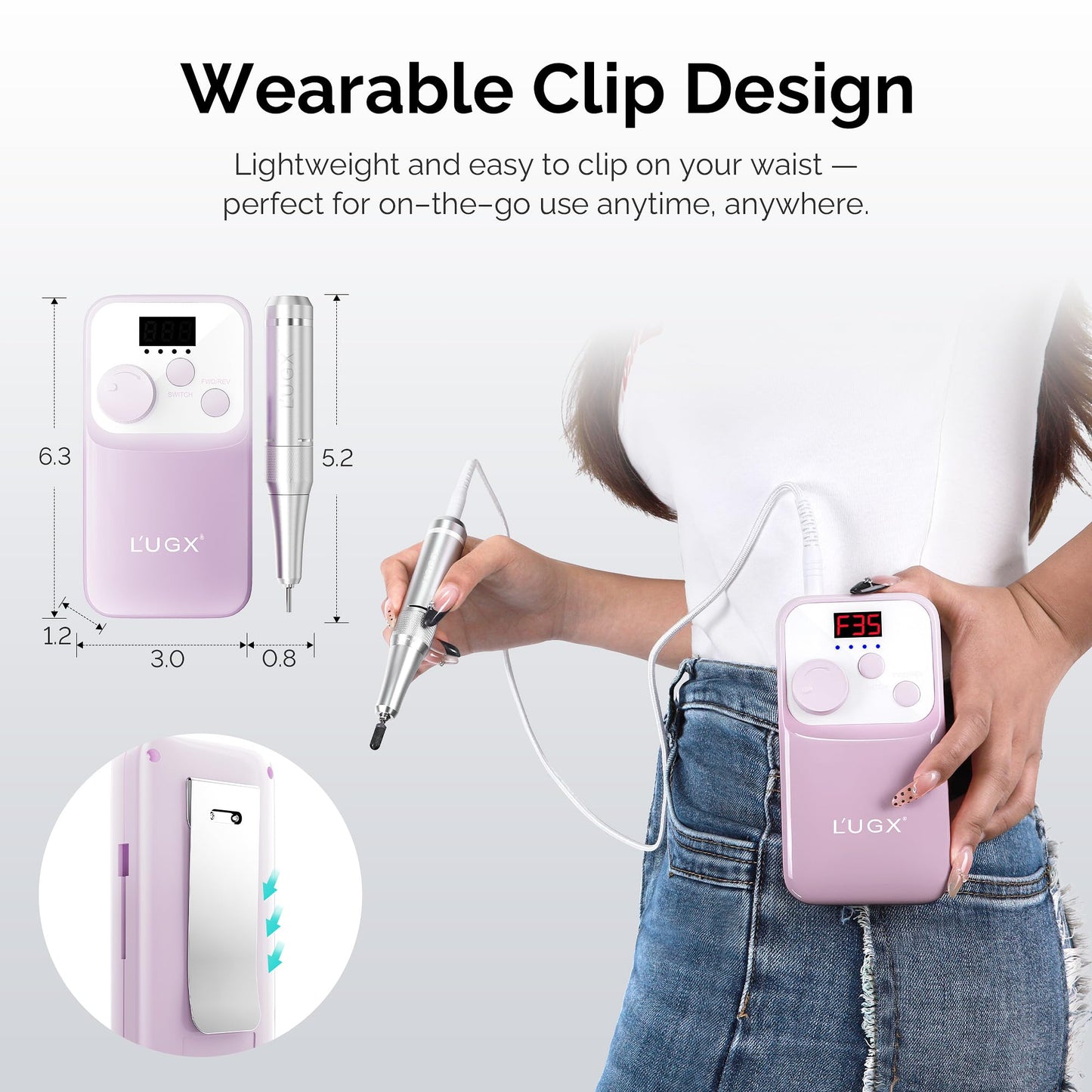 L'UGX Nail Drill Machine 35000RPM – Rechargeable Electric Nail File with LED Display, Portable Efile Nail Drill for Acrylic Gel Nails, Cordless Nails Drill for Beginners & Pros - Purple