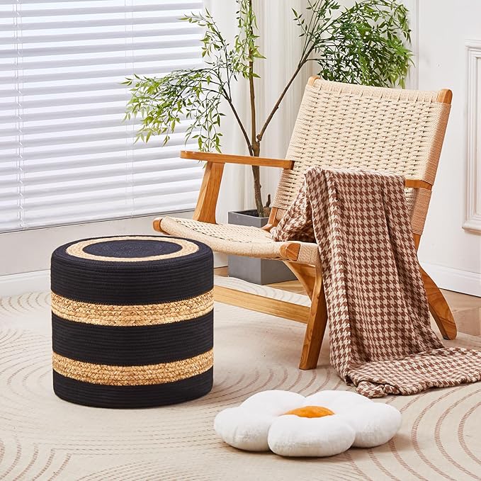 Wimarsbon 18'' Ottoman Pouf, Natural Braided Poof, Rustic Handweave Lounge Pouffe, Boho Footrest Stool for Bedroom, Accent Table or Seat for Living Room (Natural Water Hyacinth + Black Cotton Rope)