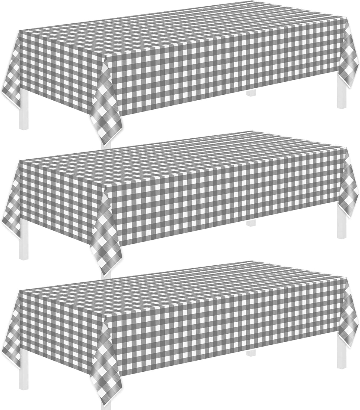 Childom 3 Pack Gray and White Checkered Tablecloths 54"x108" Disposable Plastic Table Cloths Buffalo Plaid Tablecloths for Home,Halloween,Picnic Table Covers for Pizza Party,Race Car Birthday Decors