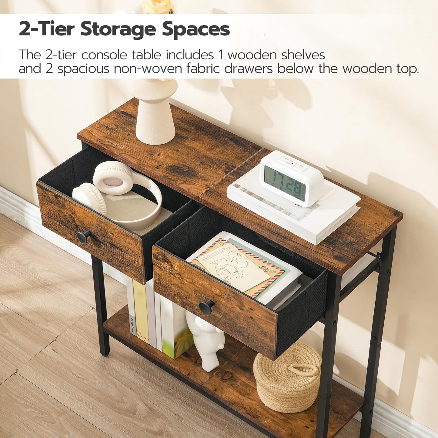 HOOBRO 29.5" Narrow Console Table with 2 Fabric Drawers and Tall Side Table 3-Tier Telephone End Table Bundle, BF71XG01-DW01DH01G1