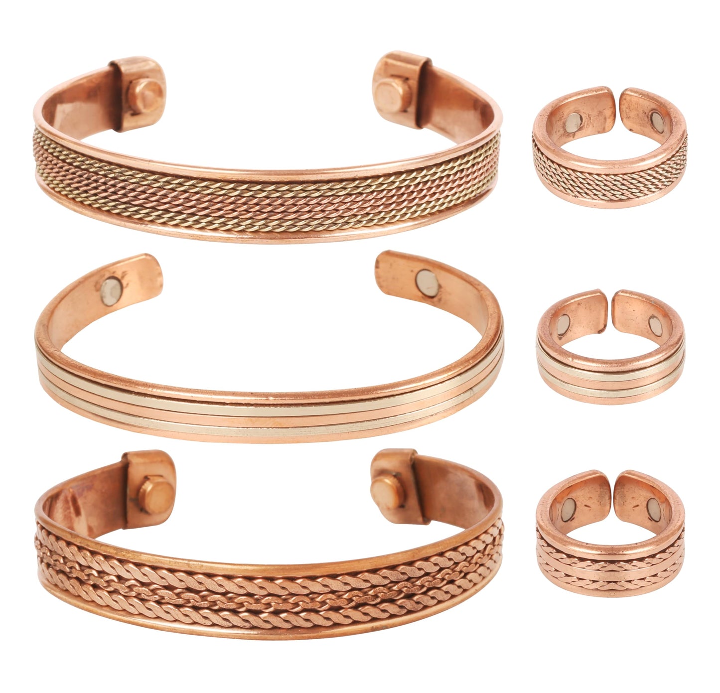 Touchstone Handcrafted Copper Magnetic Hand Forged With Solid And High Gauge Spiral Wire Braided Minimalistic 3 Bracelets And Matching Finger Combo In Two Tones For All.