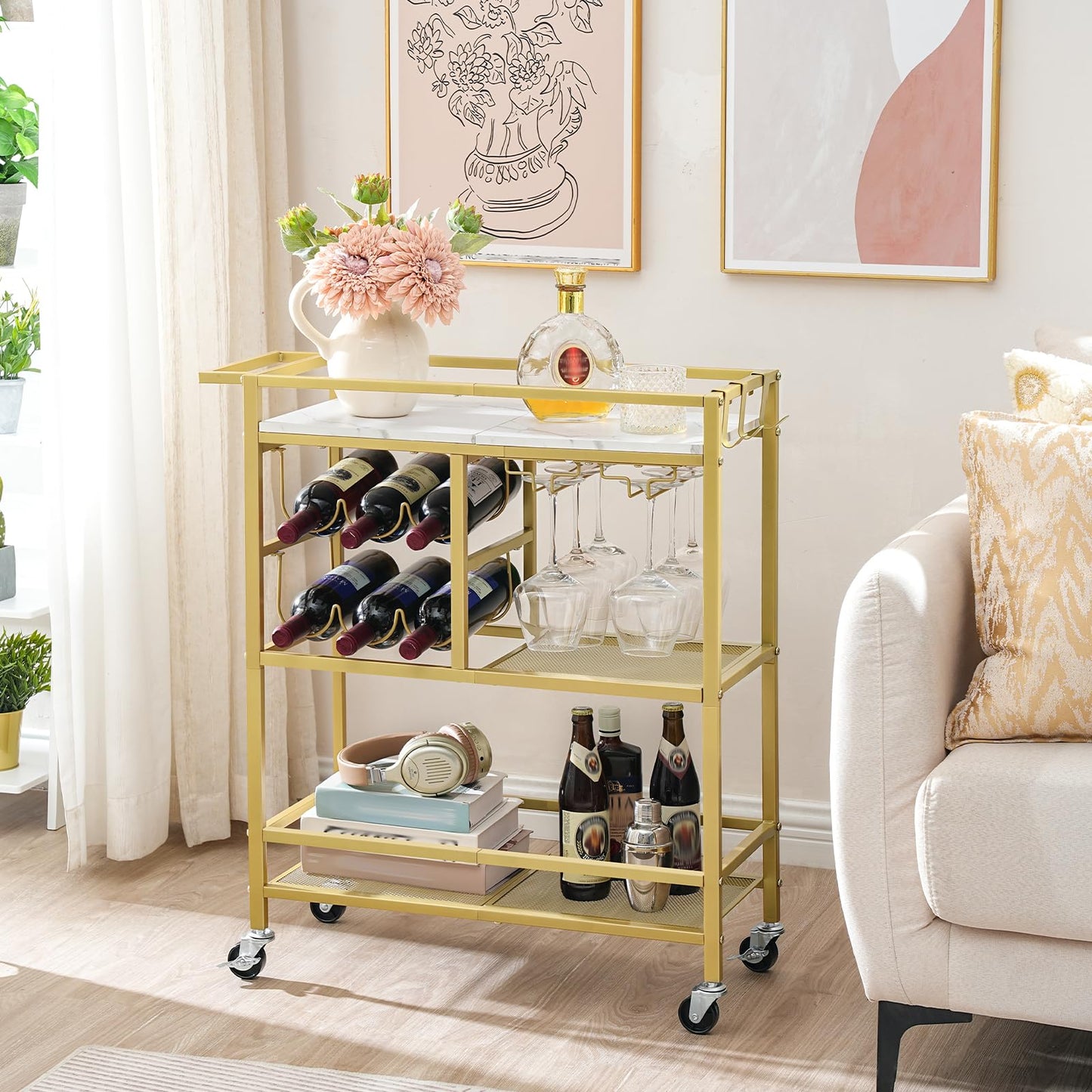 MAHANCRIS Bar Cart for Home and Bakers Rack with Power Outlet Bundle, Microwave Stand with Storage, RCJM6101-BRHR351E01