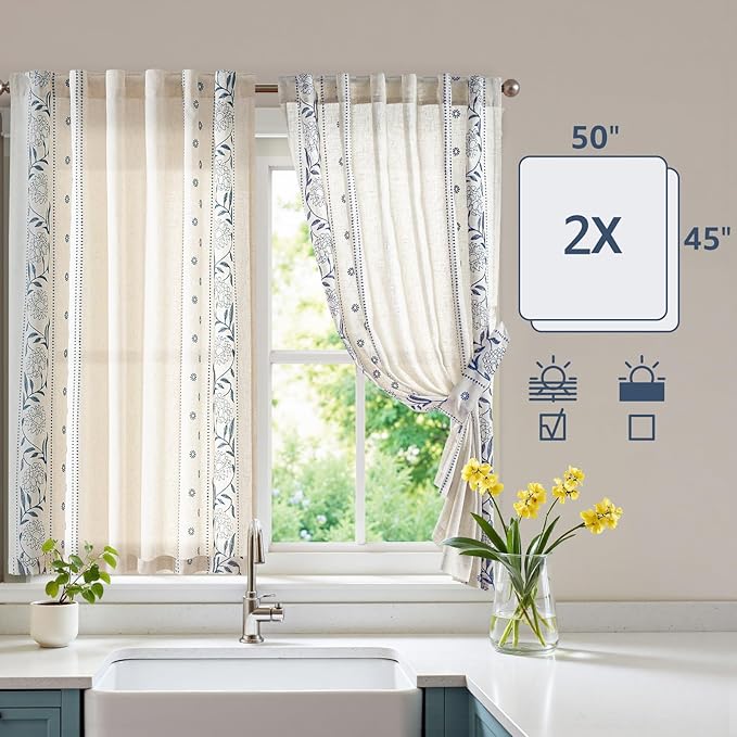 jinchan Winslow Linen Curtains 45 Inch Length Small Window Curtains Embroidered Bordered Floral Drapes Light Filtering for Bathroom Laundry Room Kitchen Farmhouse Decor Blue on Beige 2 Panels
