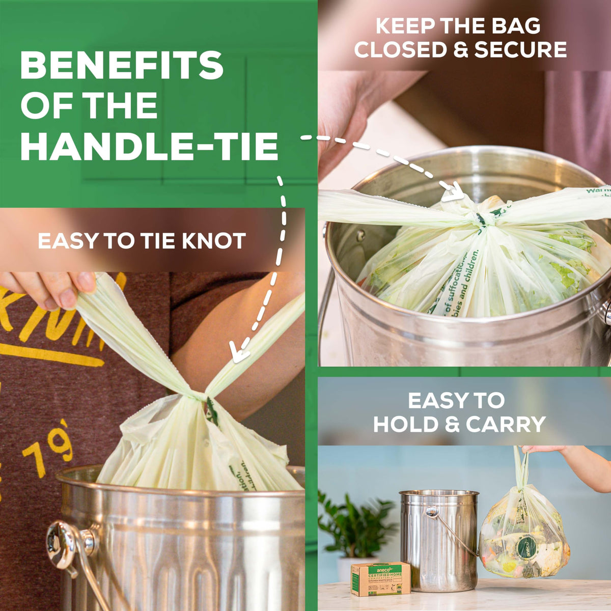 100% Compostable Food Waste Bags 1.6 Gallon With Handles (30 Count)