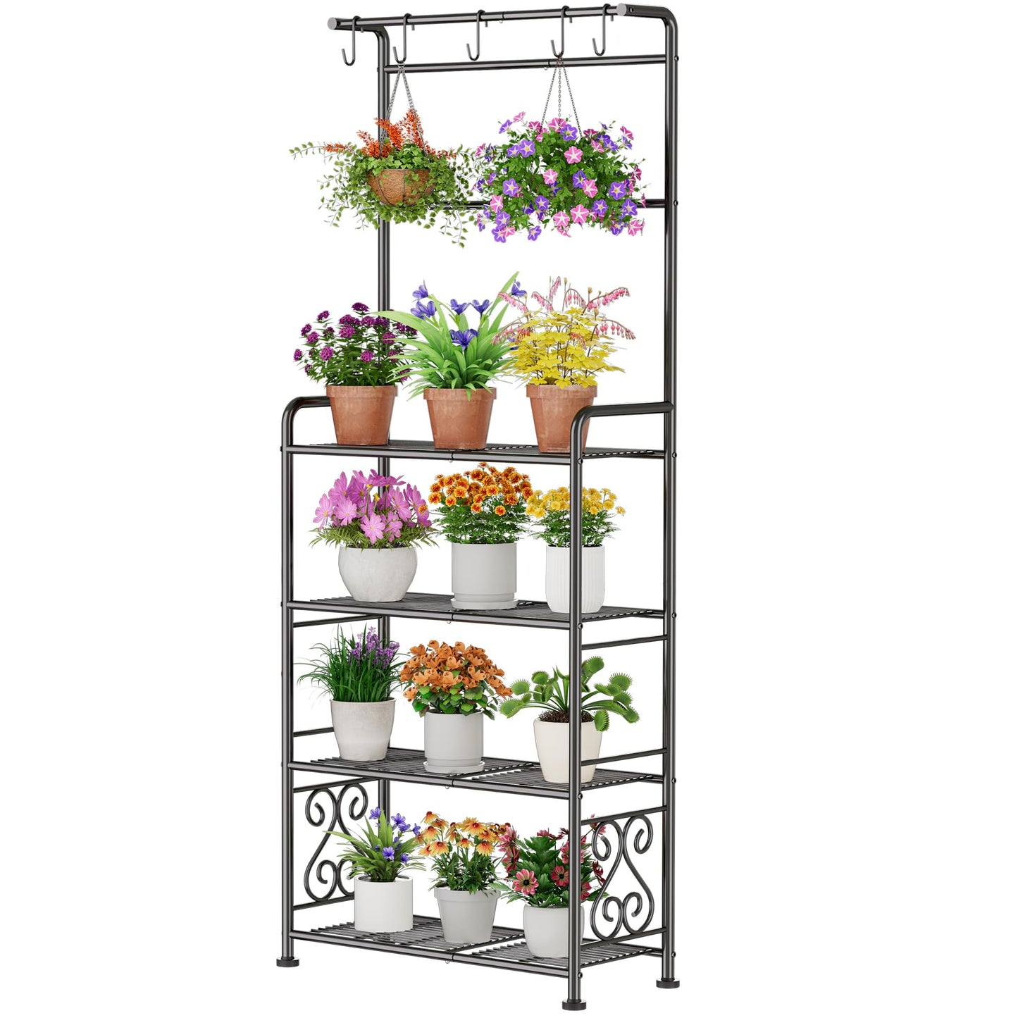 Plant Stand Indoor Outdoor Heavy Duty Metal - 68.4" Tall 4-Tier Shelf for Multiple Plants, Flowers, Rustproof Black Storage Rack for Patio, Balcony, Living Room, Garden, Includes Hooks&Adjustable Feet