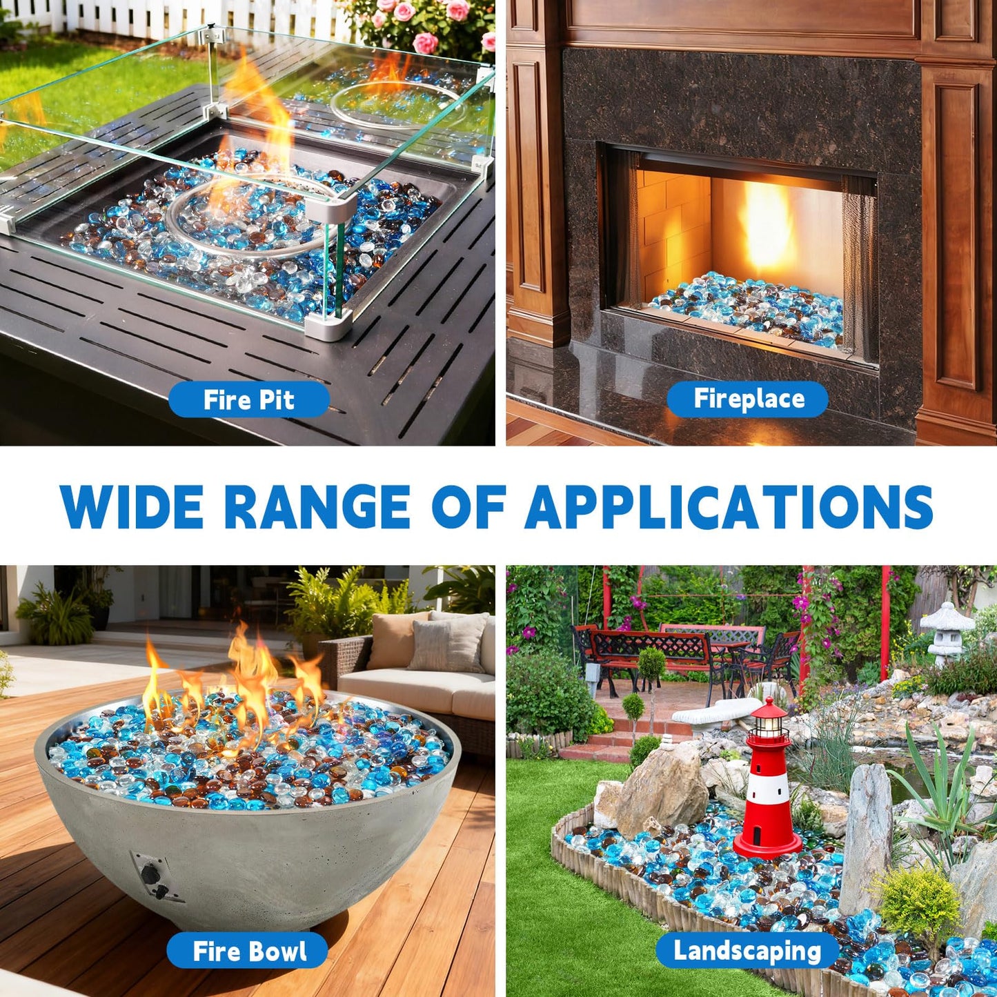 vchin 3/4 Inch Blended Fire Glass Beads,10LB Round Fire Glass Beads for Fire Pit Table, Fireplace and Fire Bowl (Caribbean Blue+Crystal Ice+Amber)
