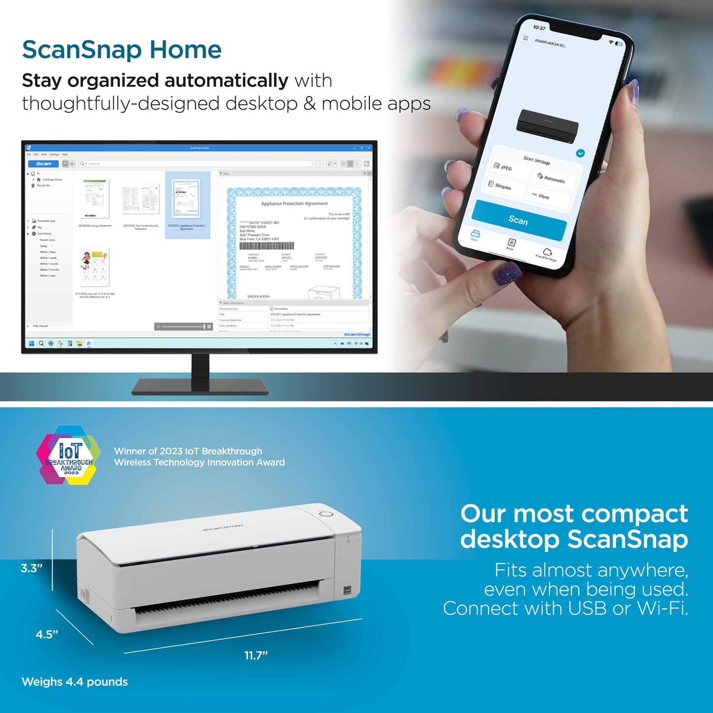 ScanSnap iX1300 Compact Wireless or USB Double-Sided Color Document, Photo & Receipt Scanner with Auto Document Feeder and Manual Feeder for Mac or PC, White