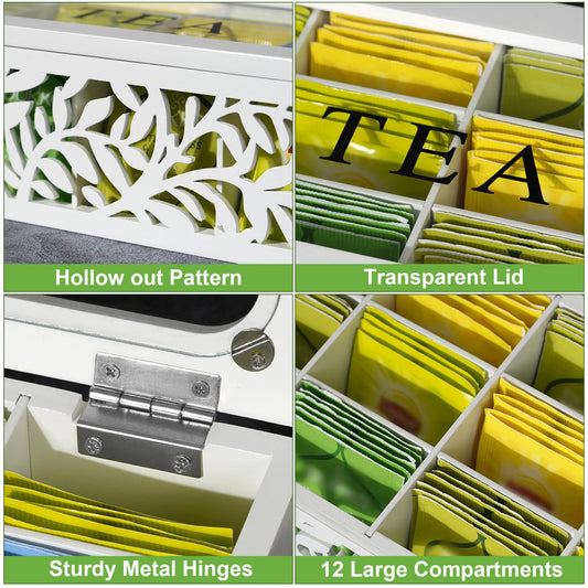 handrong Tea Box Organizer,Wood Tea Organizers and Storage,12 Compartments Teas Bag Organizers,Teas Bag Holder Organizer,Wooden Storage Box for Countertop Kitchen Cabinet Pantry