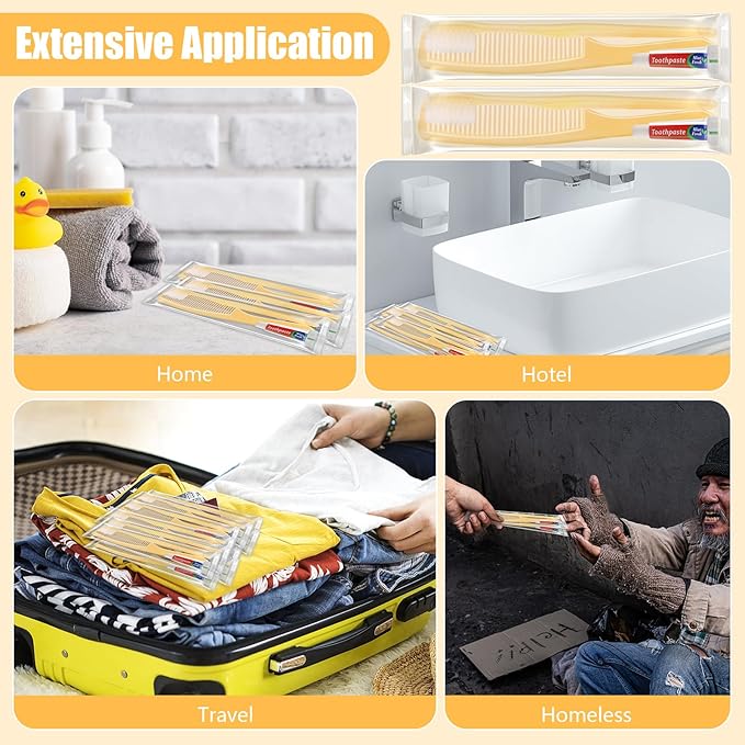 NICEMOVIC 200 Pack Disposable Toothbrushes Bulk with Toothpaste and Comb Travel Size Toothpaste Set Homeless Care Package Supplies Bulk for Individually Wrapped Disposable Travel Hotel Charity, Yellow