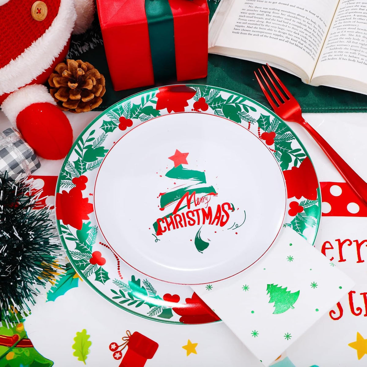 GATHER 176 Pieces Christmas Plastic Plates - Heavy Duty Christmas Disposable Dinnerware Set include 50 Plates, 75 Red Plastic Silverware, 25 Napkins, 25 Cups and 1 Tablecloth for Xmas Party