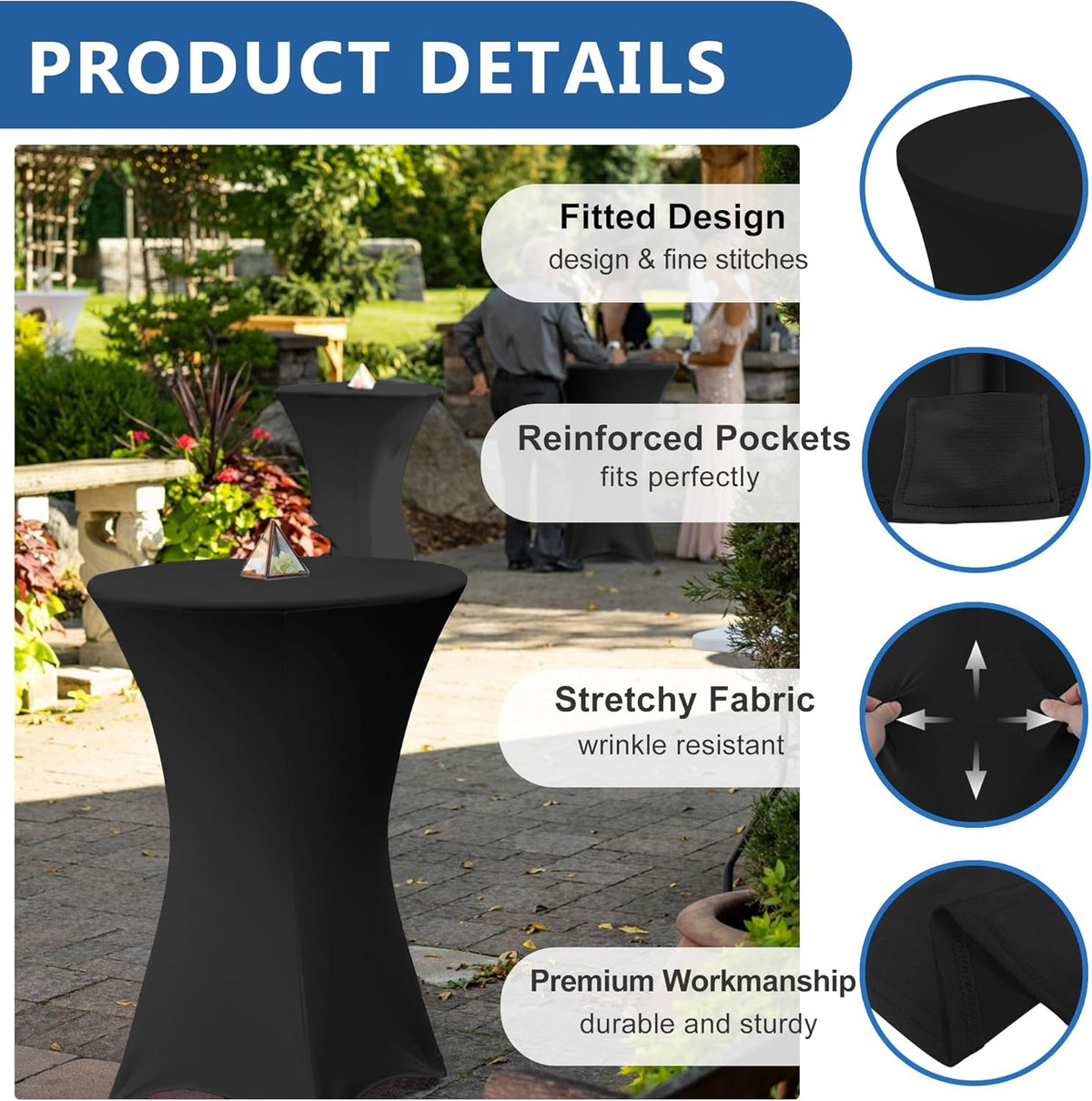 Cocktail Table Covers-Spandex Round High Top Table Cloths 8 Pack 32x43 Inch-Black Stretch Fitted Bar Tall Tablecloth for Pub Bistro Highboy Party Event Banquet Height Folding Satnding Tables