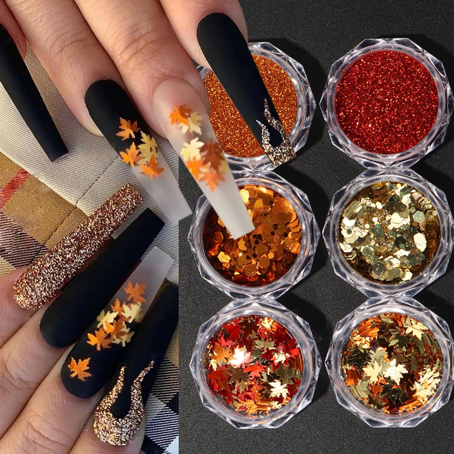 Thanksgiving Fall 3D Maple Leaf Nail Art Glitter Sequins, Mixed Red & Orange Nail Glitter Powder Polygons Sequins Fall Nail Decals for for Women Nail Decorations Supplies DIY Manicure Accessories