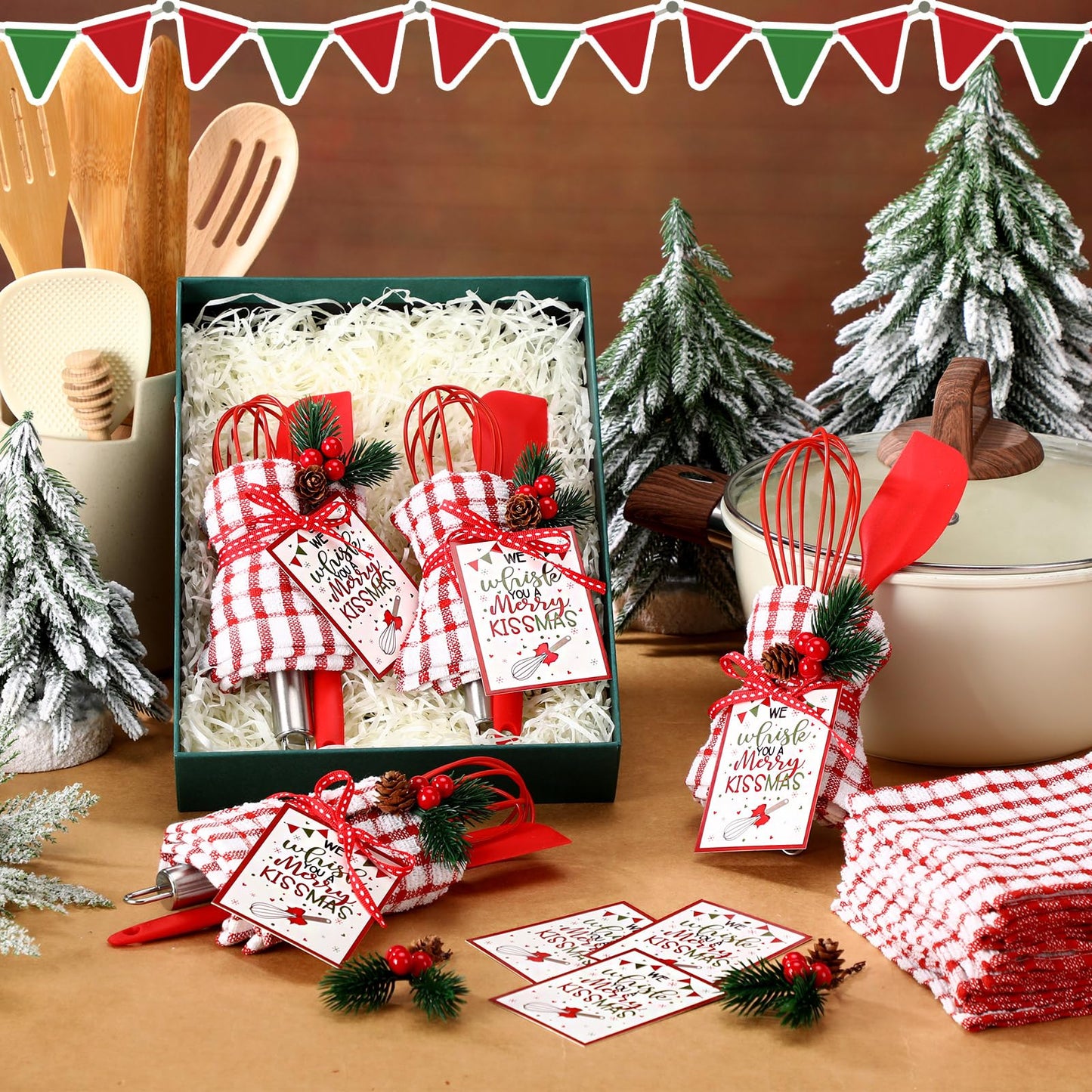 60pcs/12sets Christmas Whisk Spatula Baking Gift Sets Include Silicone Spatula Stainless Steel Whisk Greeting Card Pine Branch Plaid Towel Christmas Kitchen Utensils for Neighbor Cooking Essentials