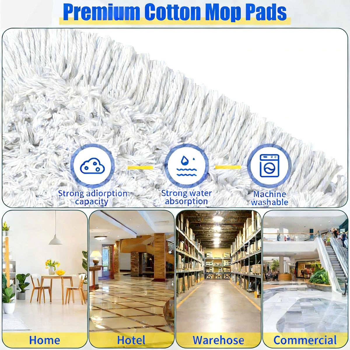 36" Commercial Dust Mop for Floor Cleaning with 2 Cotton Mop Pads (16 Ounce)