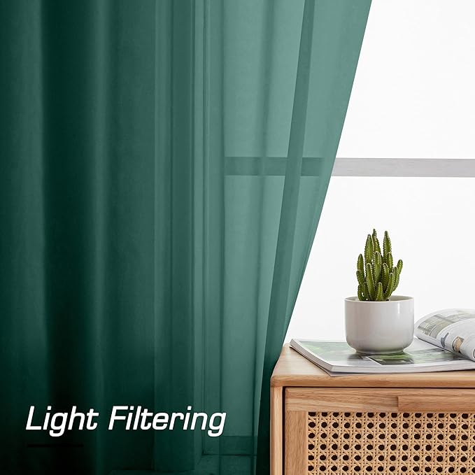 Simplebrand Hunter Green Sheer Curtains 63 Inch Length 2 Panels, Rod Pocket Solid Color Window Sheer Curtain Panels, Elegant Curtains & Drapes for Living Room, Bedroom (Hunter Green, 42" W x 63" L)