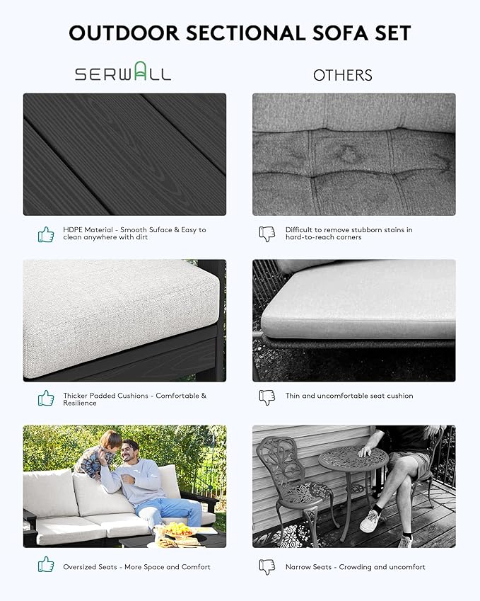 SERWALL HDPE Patio Sofa Set, 4-piece Sectional Outdoor Furniture Set, All Weather Outdoor Couch Set Patio Furniture Set for Deck, Lawn, Black Frame with Khaki Cushion