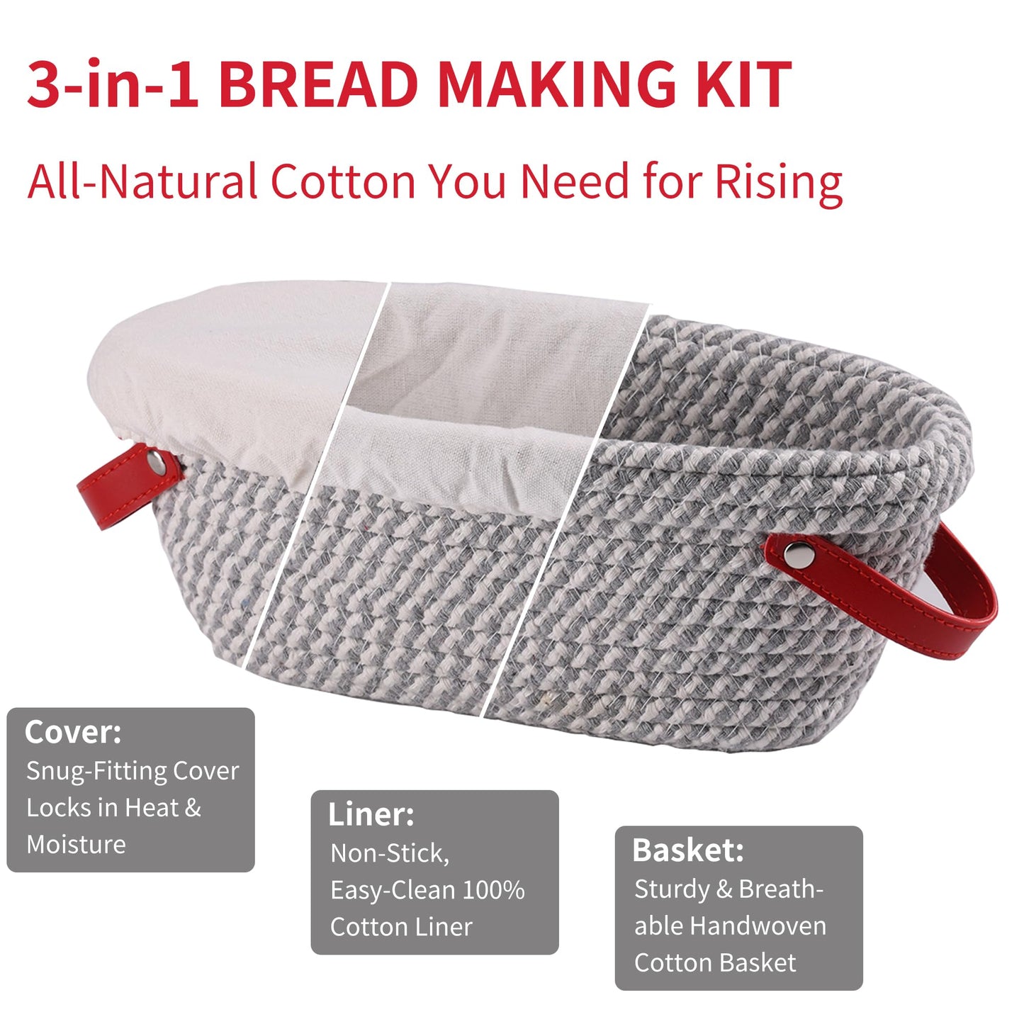 Banneton Bread Proofing Basket - Oval & Round Sourdough Bread Baskets Set - With Liner & Cloth Cover - For Bread Storage (Grey & Khaki Set) - Cotton Rope - Mother's Gifts