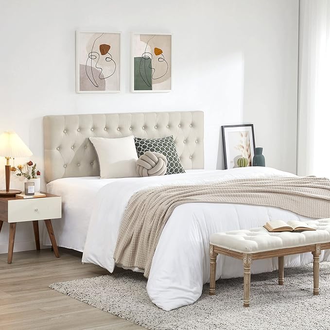Kingfun Tufted Upholstered Full Size Bed Headboard in Modern Button Design, Adjustable Solid Wood Head Board, Premium Linen Fabric Padded Headboards in Bedroom (Beige)