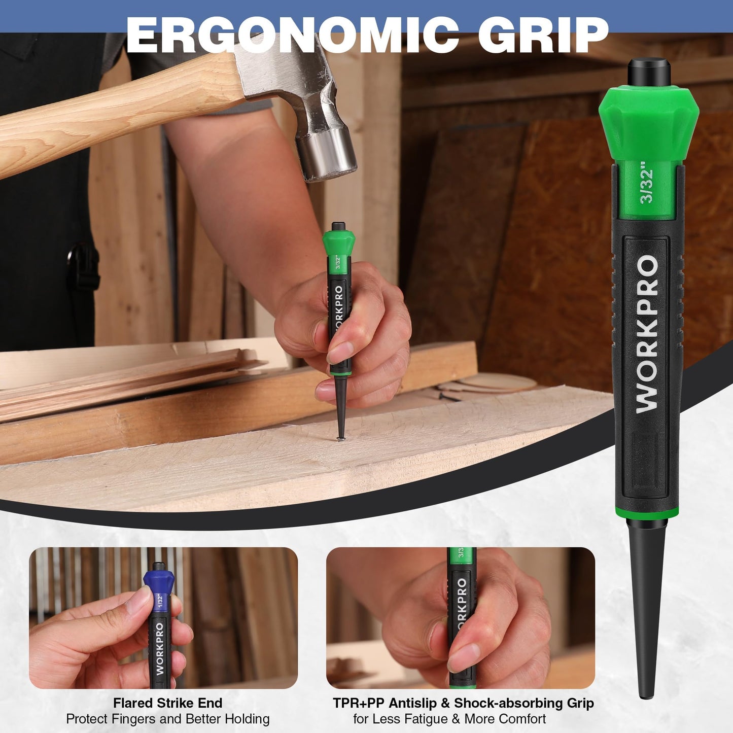 WORKPRO 3-Piece Nail Punch Set, Includes 1/32", 1/16", 3/32" Nail Setter, Color Coded Nail Set Tool with Shock-Absorbing Grip