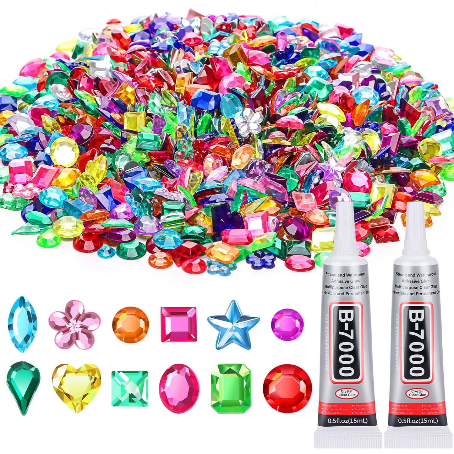 anezus Anezus1200Pcs Craft Gems with 2Pcs B7000 Jewelry Glue, Flat Back Sequins Jewels Embellishments Rhinestones Gemstones for Bedazzling, Decor, Clothing