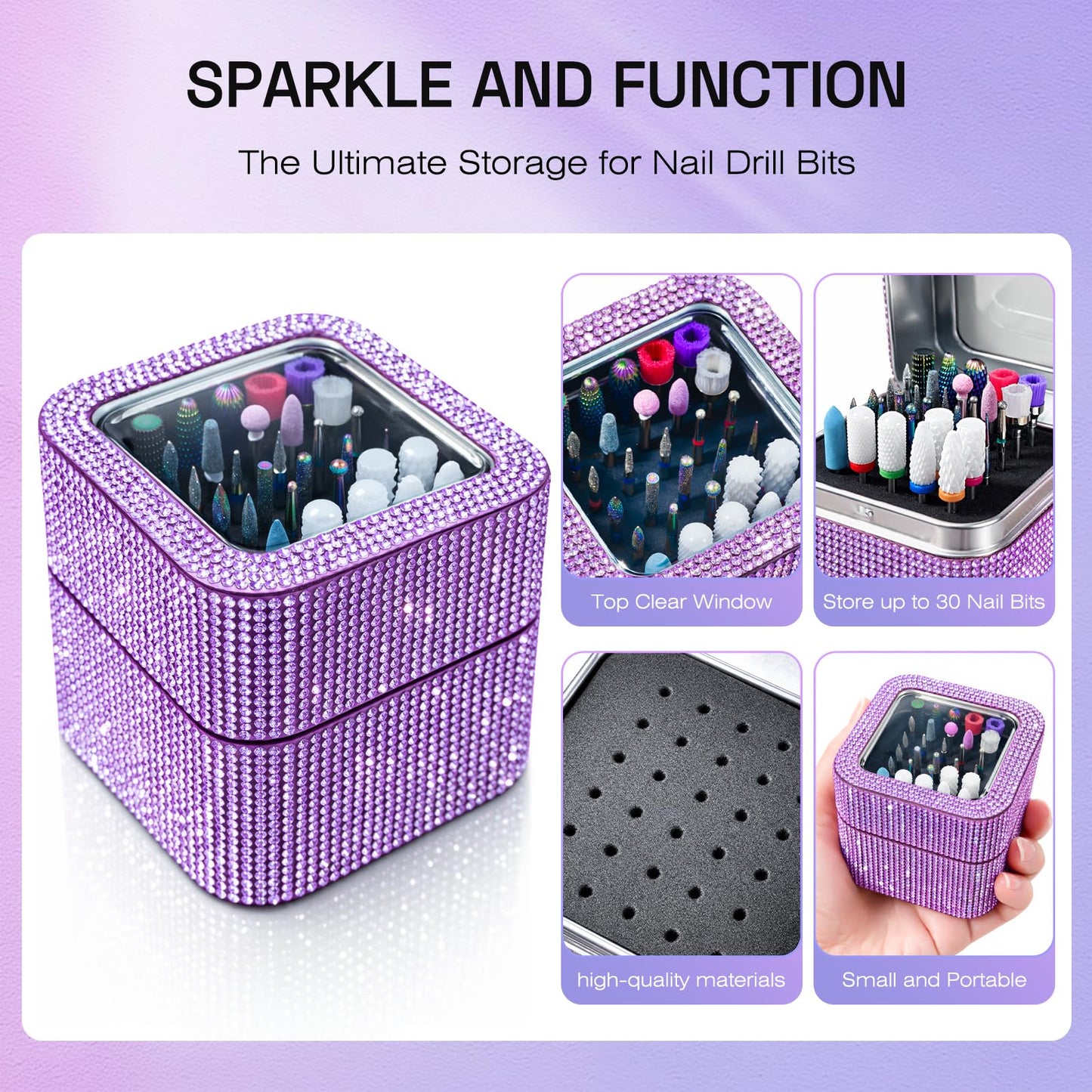Nail Drill Bits Set with Storage Case: 30pcs 3/32 Inch Carbide Diamond Ceramic Professional Salon Kit for Acrylic Nails, Multi-Function for Women Nail Artists Manicure Pedicure (Purple)