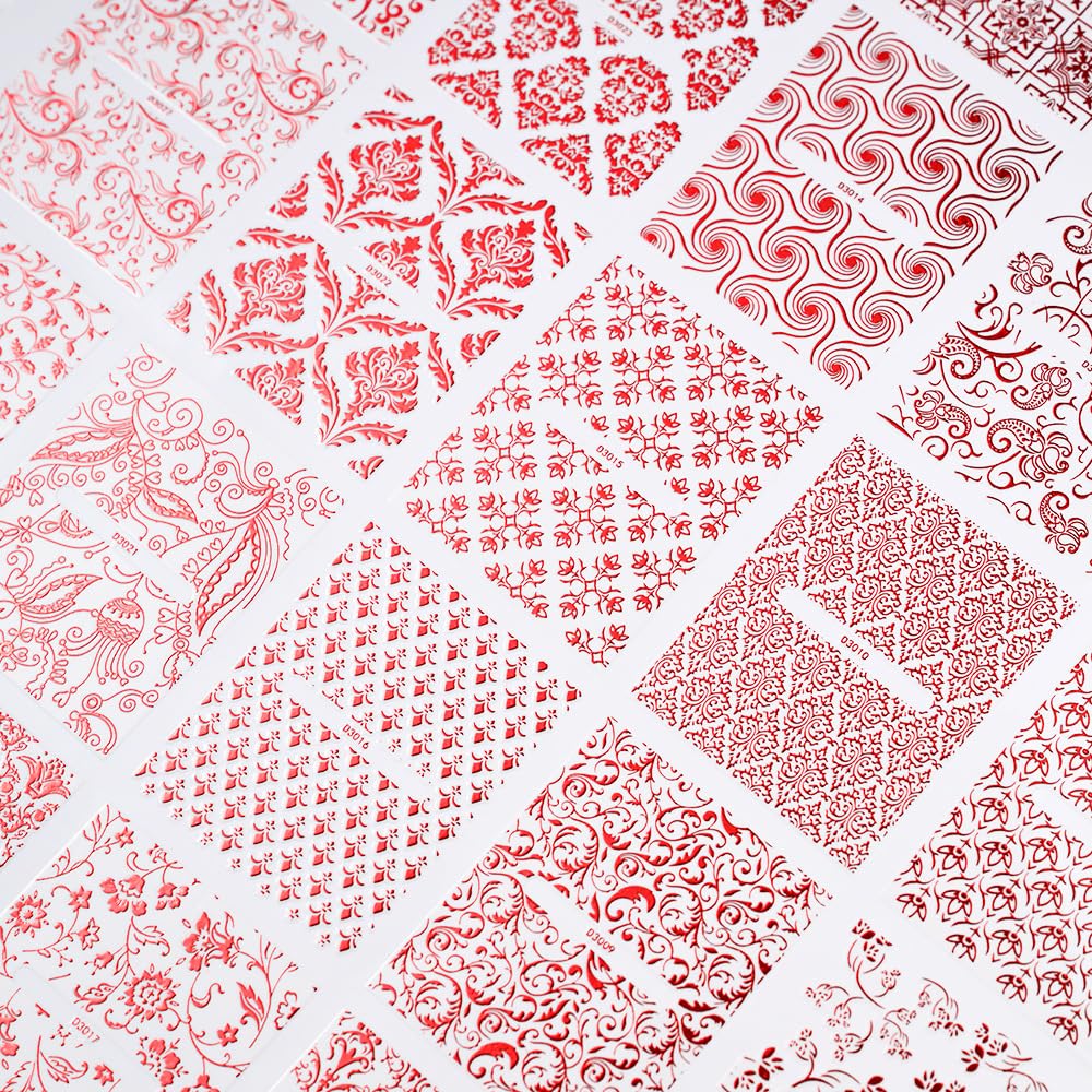 WEIXIWUYU Red Hollow Retro Floral Vine Nail Art Stickers Laser Silver Lace Design Nail Supplies 3D Self-Adhesive Nail Stickers for Women Girls DIY Manicure Slider Decorations 30 Sheets