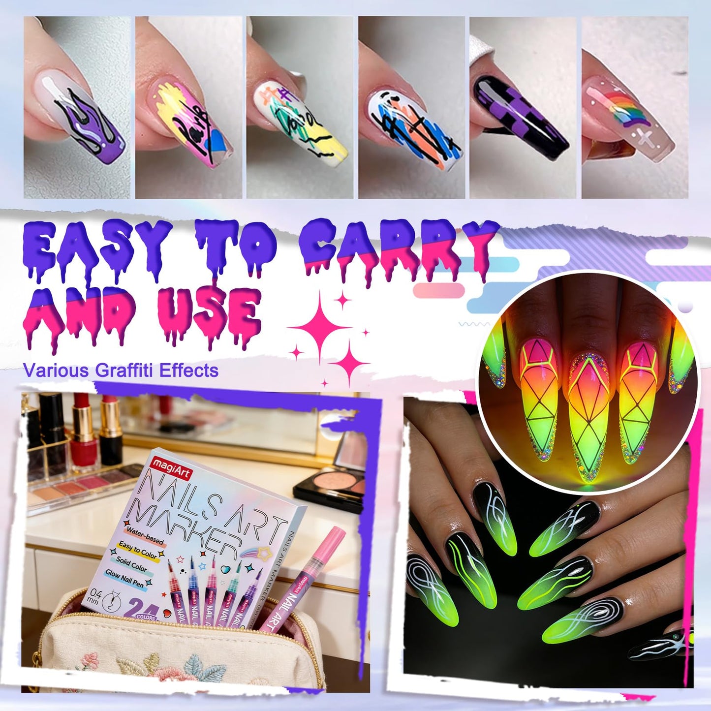 MKNZOME 24 Color Nail Art Pens, Nail Pigment Powder Palette, Waterproof DIY Nails Art Design Manicure Tools