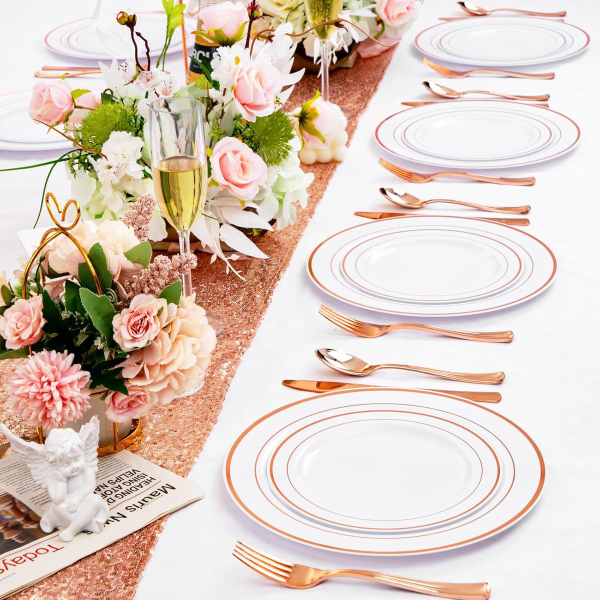 FLOWERCAT 60PCS Rose Gold Plastic Plates - Heavy Duty Rose Gold Plates Disposable for Christmas Party/Wedding- Include 30PCS 10.25inch Dinner Plates and 30PCS 7.5inch Dessert Plates