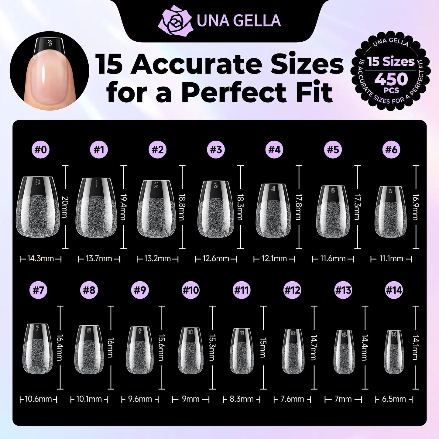 UNA GELLA Short Coffin Nail Tips: 450PCS Fake Acrylic Gel Nail Tips 15 Sizes Soft Clear Pre-Etched Nails Extension Full Cover Coffin Press On Nails Home DIY Salon