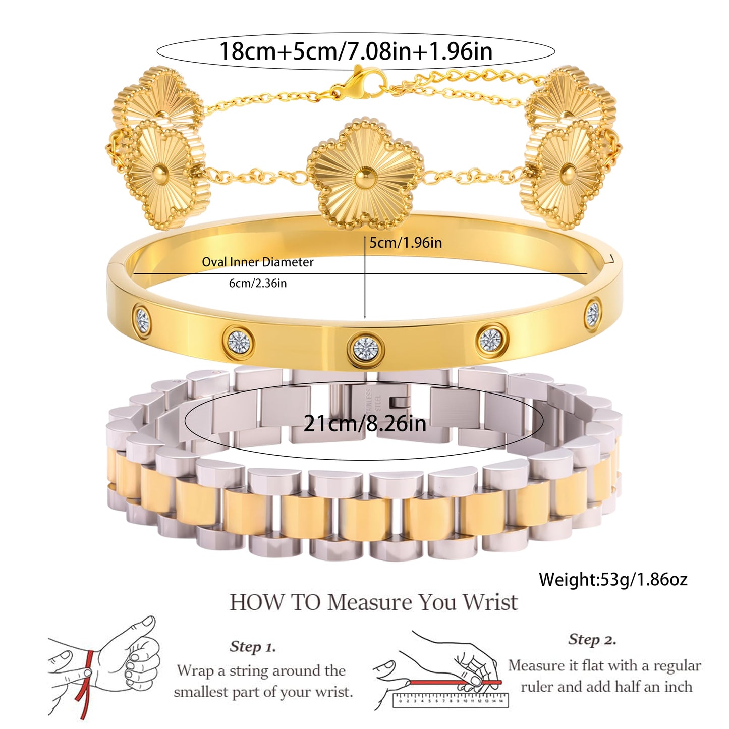ISELBDR 2PCS 18K Gold Chain Link Bracelets for Women - Stackable Love & Friendship Theme Bangle Bracelet Set,Non-Tarnish Stainless Steel Jewelry with Adjustable Tool. (3pcs-Gold/Silver)