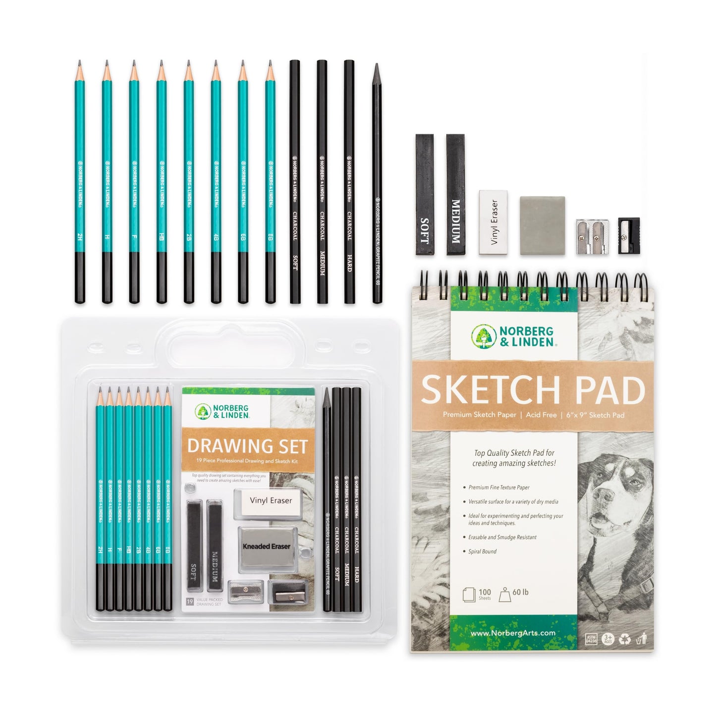 Drawing Set - Sketching and Charcoal Pencils - 100 Page Drawing Pad, Kneaded Eraser. Art Kit and Supplies for Kids, Teens and Adults, Sketch Set