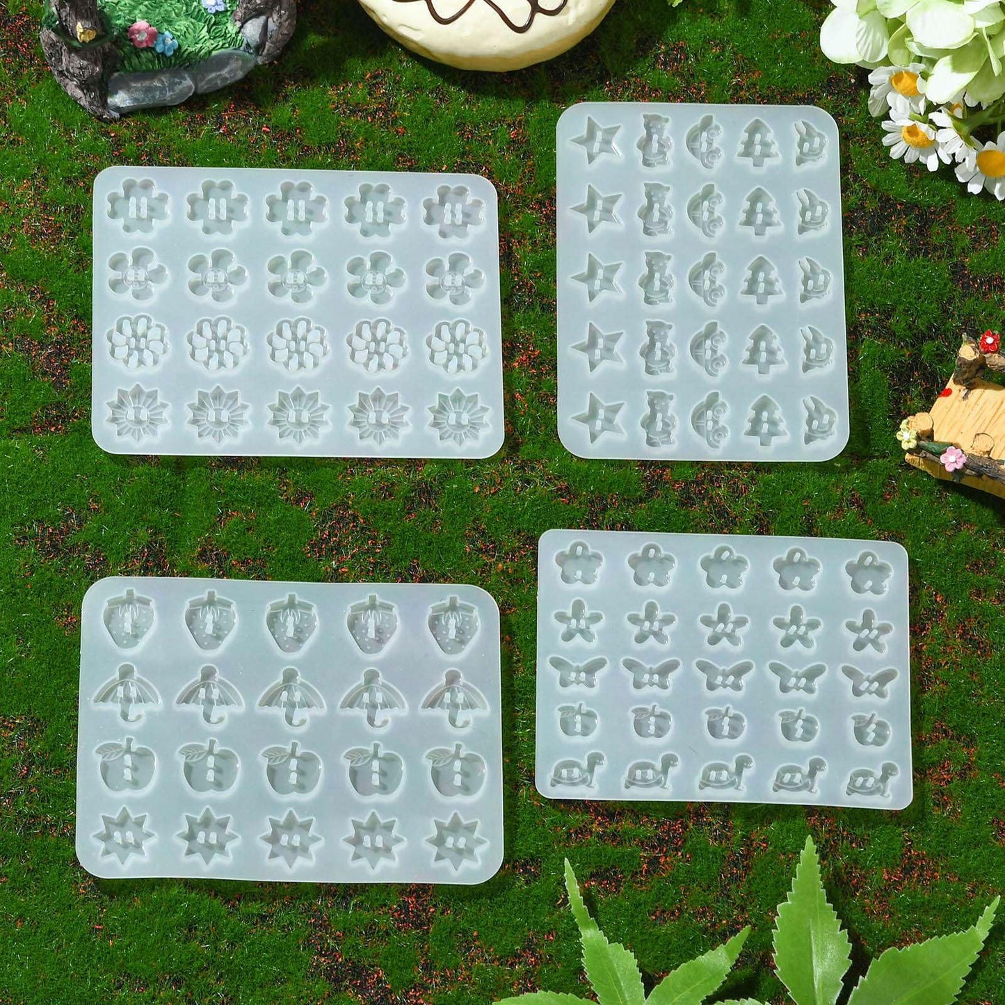Stiesy 4 Pcs Button Silicone Molds Fruit Flower Star Shape Buttons Charms Epoxy Resin Mould for Resin Jewelry Casting Mold DIY Sewing Craft Decorations Making Tool