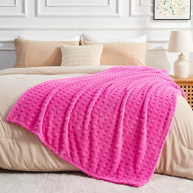 NEWCOSPLAY Super Soft Twin Blanket Pink Premium Silky Flannel Fleece 3D Waffle Checkered Lightweight Bed Blanket All Season Use (Hot Pink, Twin(60"x80"))
