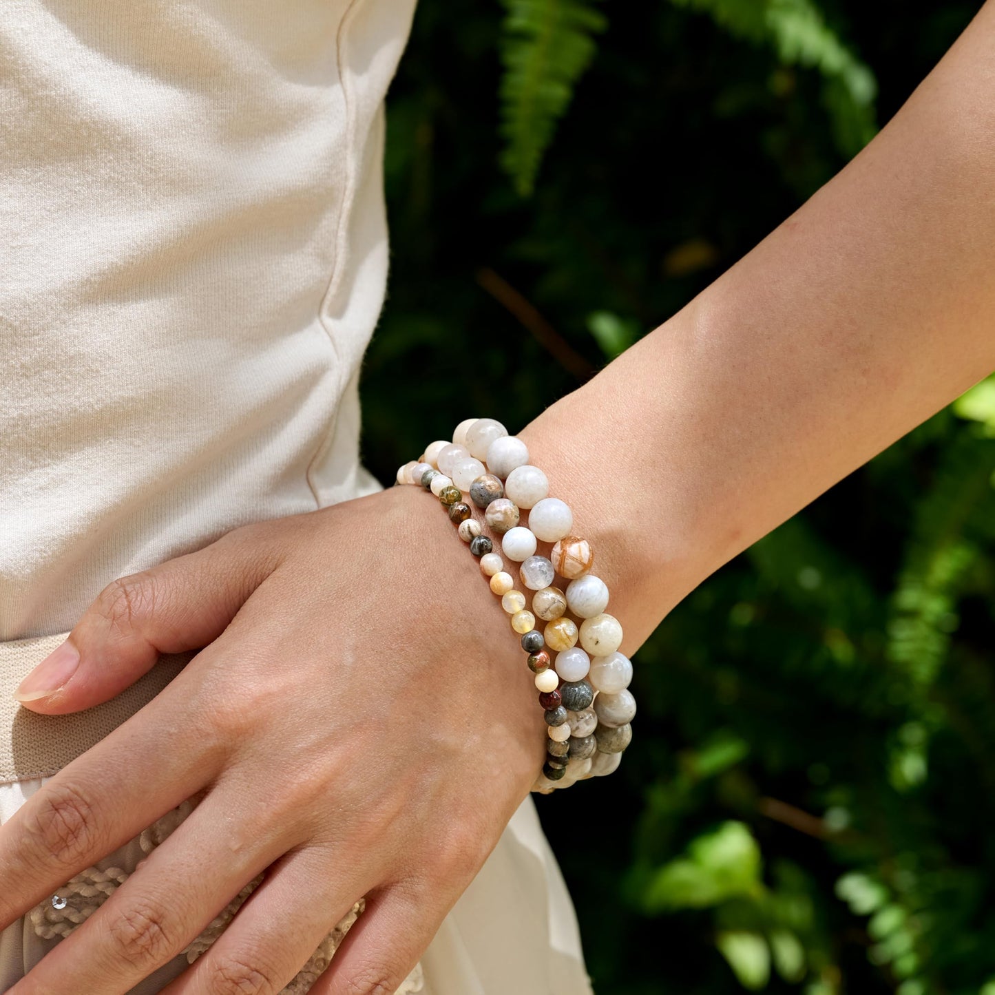 Bivei Bamboo Leaf Agate-Steady Growth-4mm Beaded Bracelets for Women Handmade Semi Precious Natural Stone Stretch Elastic Jewelry Yoga Protection Gifts