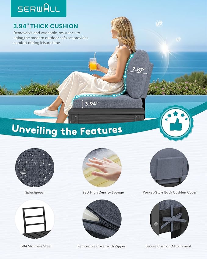 SERWALL HDPE Patio Furniture Set, Modular Outdoor Sectional Sofa Set with Built-in Side Tables, Seats 4, All-Weather Patio Conversation Set for Garden, Deck, Porch, Black Frame with Grey Cushion