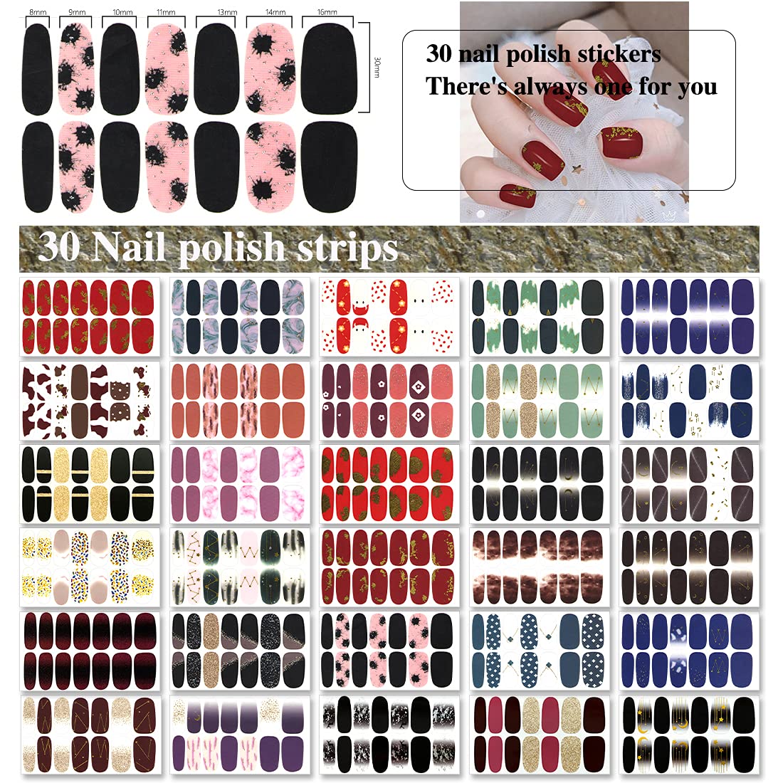XEAOHESY 30 Sheets Glitter Nail Strips Sequin Gold foil Design Nail Polish Strips Stickers Self-Adhesive Blooming Gradient Color Nail Wraps for Women Nail Art + Nail File
