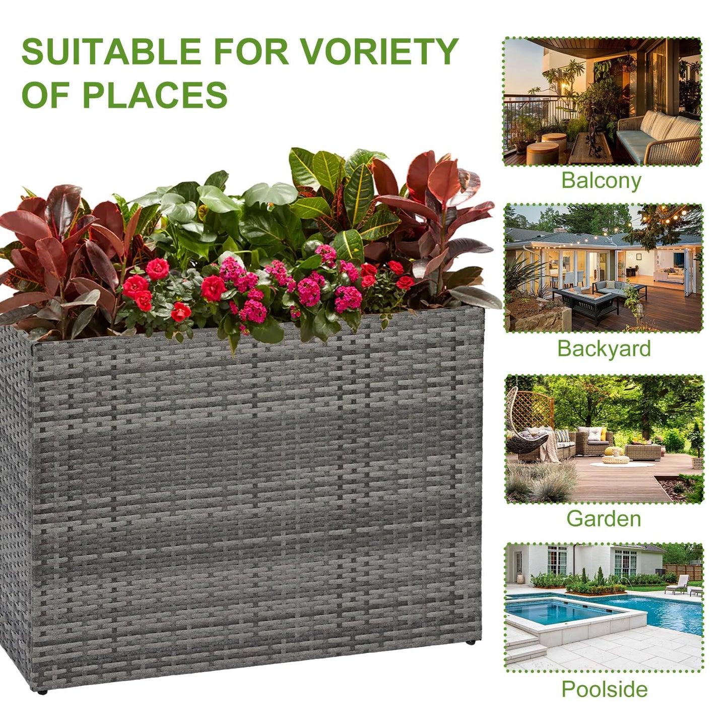 LEWIS&WAYNE Large Rectangular Block Planter Box Handmade Wicker Tall Planters for Outdoor Plants with Removable Liners Modern Planter for Indoor Outdoor Patio Deck - Gray, 38''x11''x30''