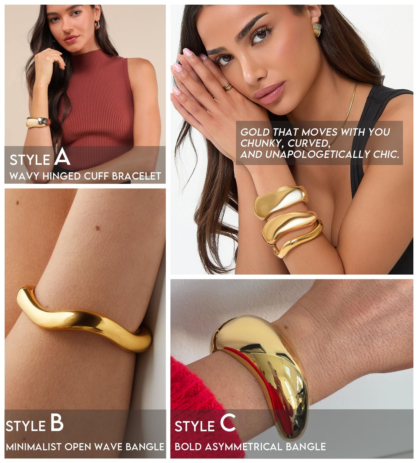 ALEXTINA 3Pcs Vintage Gold Bracelets for Women Wide Chunky 14K Gold Plated Bangle Bracelet Stack Trendy Irregular Open Cuff Bracelets