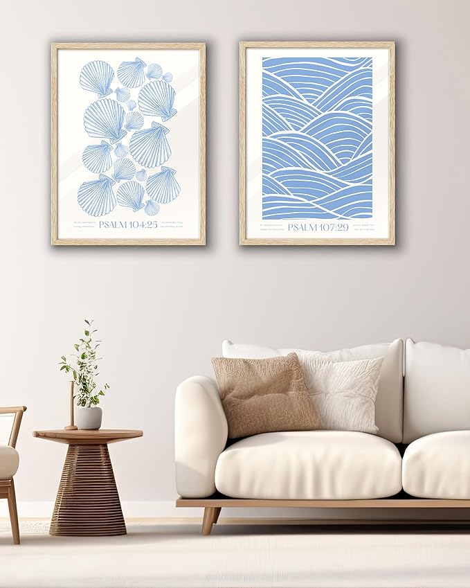 EcoHest Modern Christian Ocean Waves Framed Wall Art, 12x16 in OAK Wood Christian Psalm 107:29 Canvas Wall Art, Beige Logs Storm Home Decor Set of 1 for Bedroom Living Room
