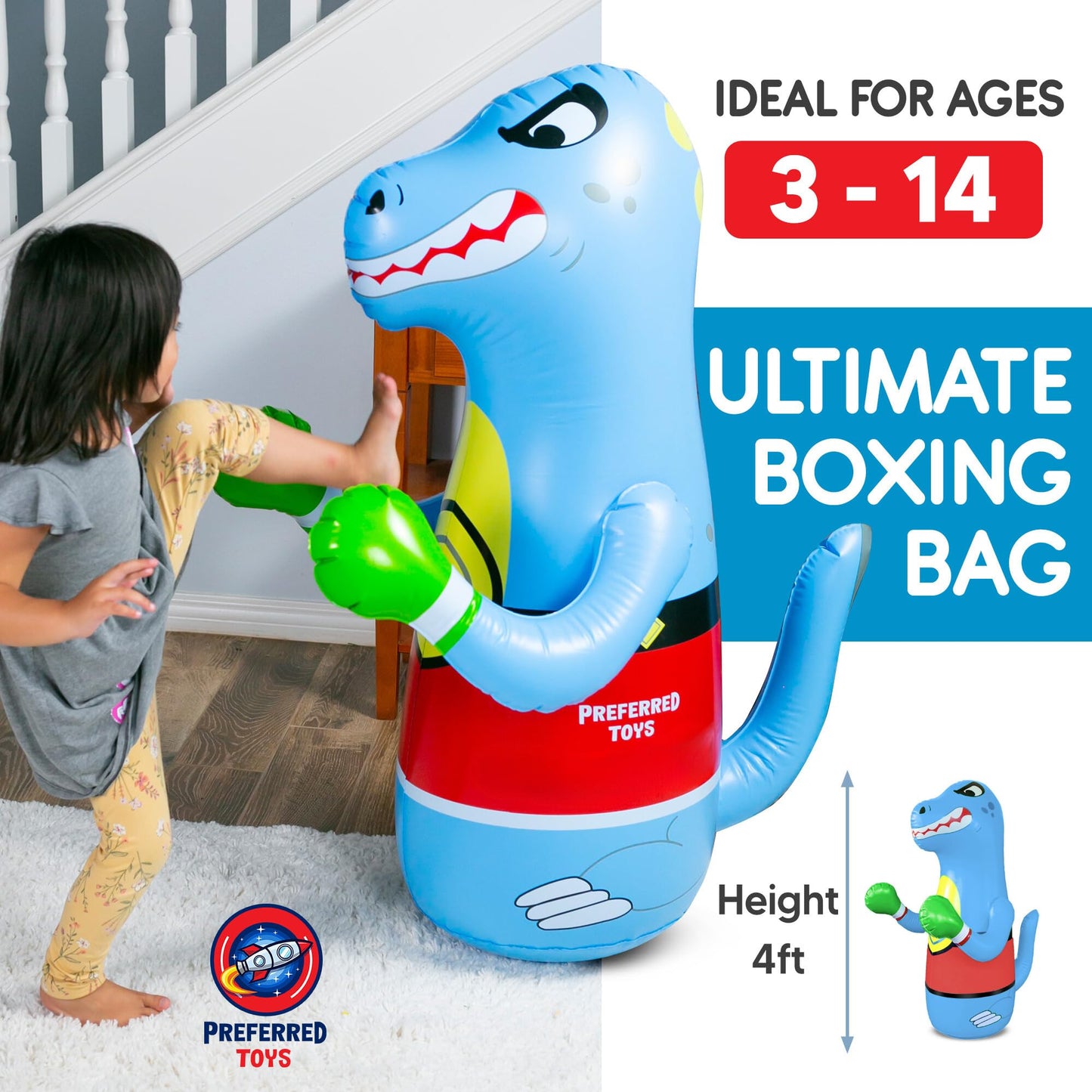 Inflatable Punching Bag for Kids - Bop Bag Inflatable Punching Toy - Inflatable Dinosaur with Instant Bounce Back Movement - Bottom Space Can Use Either Sand or Water (47” Height)