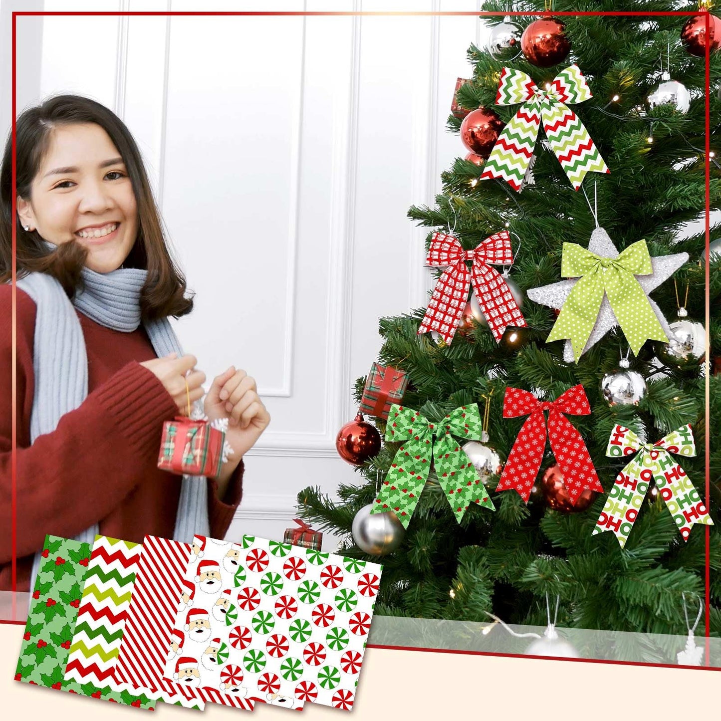 Fanfanwin 40 Pcs Red and Green Christmas Quilting Fabric Roll 2.56 Inch Precut Fabric Squares Jelly Patchwork Snowflake Peppermint Strips Materials for Winter Xmas Holiday Craft Sewing Panels DIY