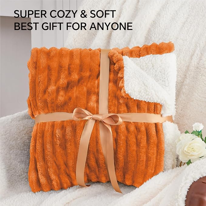 INFIIXSO Sherpa Fleece King Size Blanket - Super Soft & Warm Striped Fleece, Cozy Plush Fluffy Large Bed Blanket All Season Use (Burnt Orange, 104x90 Inches)