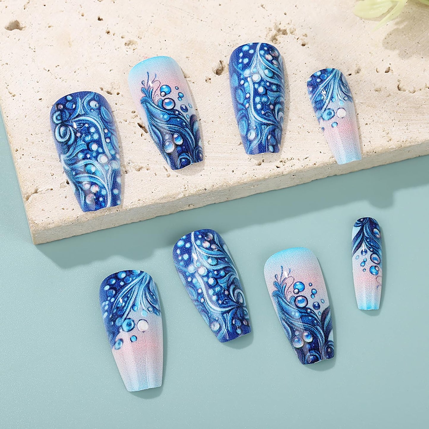 CJDLTS Blue Press on Nails Medium Ballet Shaped Blue Wave Pattern Design Gradient Acrylic Fake Nail Full Cover Glossy Artificial Stick on Nail Medium Press Ons Glue on Nails for Women 24Pcs